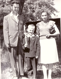 First Communion (with his godparents Josef Polášek and Marie Polášková, née Zámečníková, his mother's sister), Zlín, 1936