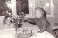 His brother Vašek celebrates his first birthday, their sister Jana is next to him, 1966