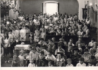 Inside the church in Letohrad-Orlice during a guitar mass, 1970s