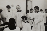 Services in the Litoměřice seminary chapel, Bishop Tomášek on the left, Václav Malý on the left above him in the background, 1973–1974