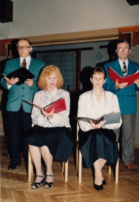 Milan Čejka (left) reciting, Svatovojtěšské milénium, 1997