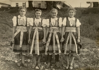 Soblahov girls in traditional costumes, Mária Zaťková on the left