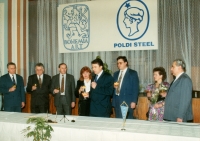 Marie Bednářová and Vladimír Stehlík (with the microphone) during the privatization of Poldi steel
