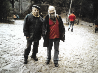 As a mountain climber at the symbolic cemetery of mountain climbers at Hrubá Skála in the Bohemian Paradise in 2015 (the witness is standing on the left, next to him is the parish priest of the Czechoslovak Hussite Church, former outstanding mountain climber Aleš Jaluška)