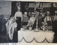 Hanukkah with Rabbi Löwy (Peter in front, first from left), Prešov 1956