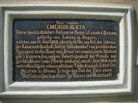 A memorial plaque dedicated to the first fallen in the Austro-Prussian War in 1866, Emerich Berta from the Hungarian town of Ladany, on the wall of the parish church of St. Catherine of Alexandria
