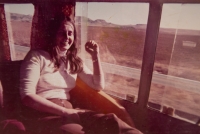 Milena Pechoušová in a homemade minibus while travelling in South Africa	