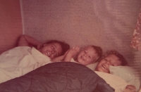 Milena Pechoušová with her children in the van, 1970s	