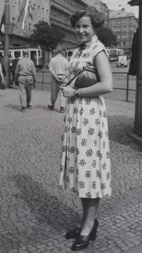 Alice Mayerová on a trip in Prague - in a dress she made herself. In 1955