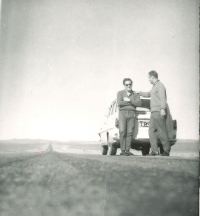 Bohuslav Čtvrtečka (right) with Škoda Octavia in the Atacama Desert in Chile during his business trip, 1971-1972