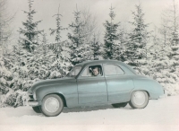 Mum Věra behind the wheel of the family Škoda in the Orlické Mountains, 1960s