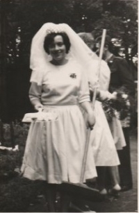 Margit as a bride with a broomstick, Vrchová, 1962