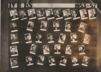 Margit, second row from the top, second from the right on the graduation board of the Trutnov Secondary School of Economics, 1957
