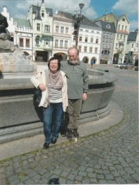 Margit Bartošová with her husband in Trutnov near the fountain, 2014
