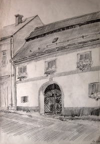 Pen and ink drawing - house no. 31, former hotel U lva (Zum Löwen), where Erika lived for many years after her re-emigration. Drawing by Erika Tampier's great-cousin, W.-R. Krüger, who was born in Germany after the war but liked to visit Lestkov.