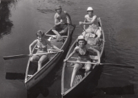 Josef Novotný with his first wife (in a boat on the left) on the Vltava River in 1974