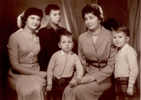 Věra Burešová with her sister, nephew Petr and sons Pavel and Jiří, about 1957
