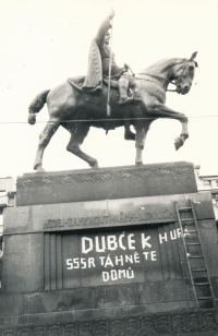 The photo of Statue of Saint Wenceslas in Wenceslas Square taken by J. Tomášek in August 1968