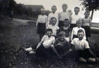 A group of friends from Skřeněř, Oldřich is in the middle on the left, Ladislav is on the bottom right, year 1937

