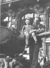 By Jirásek Bridge in Prague with his father on 10 May 1945
