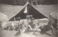 Campers in front of a tent. Summer camp in Hodruše. 1950