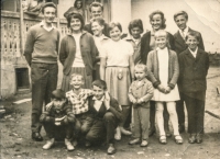 Her husband, Andrej Beňa (first from left), yet unmarried, in Mokroluh with his siblings and friends, circa 1958