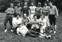 Softball team ISBA in Stromovka, Tomáš Pačes is the second from left in the squatting row, 1983