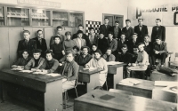 At the geological industrial school, Tomáš Pačes is under the 4th display cabinet from the left, 1956