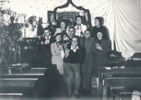 With a theatre group, Tomáš Pačes is in the middle wearing glasses, turn of the 1950s and 1960s