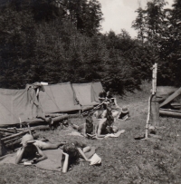 Setting up a camp in Bítov. 1949