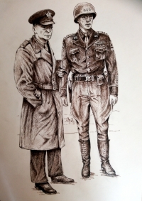Drawing of American soldiers in uniforms from the end of World War II, by J. Prach