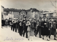 Mária's last the First May Day in Mukachevo, 1954. A year later, they were able to move to their father in Czechoslovakia. Mária in the mutton hat at the back