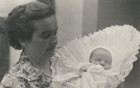 Marie Pijáčková (aunt) with baby Jan Pijáček. 1958