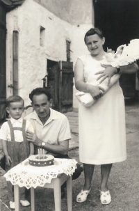 Jan's third birthday; with parents and sister Markéta. 1960