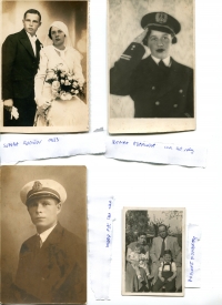 Wedding photograph of parents, Ján and Irena, from 1933. Irena Adamíková in service - forties. Ján Adamík in service - forties. Family photo of Adamík family with small children.

