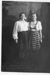Dariya Hermak, on the left side, with a friend, photo taken in Krasnobor on January 25, 1953
