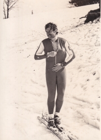 Karel Kodejška at the finish of the jumping hill in Králíky in 1976