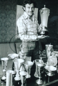 Karel Kodejška pictured by Czech News Agency with the Ski Flying World Championships cup in 1975
