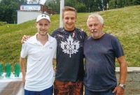 Karel Kodejška with members of Lomnice ski jumping team: Roman Koudelka (left) and Nordic combined skier Tomáš Portyk (right)
