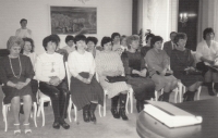 Reception for women at the Červená Voda Local National Committee on the eve of the International Women’s Day; Věra Cinková is left, 1988