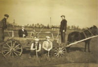 Work in the fields in Zelów. Second from left, witness' grandmother's brother-in-law, Mr. Müller. 1937