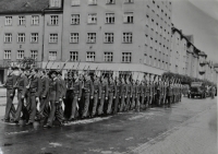 March of students of the Military Air Academy in Hradec Králové, including Ivana Kettnerová's father, ca. 1946

