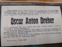 Death announcement of Oscar Anton Dreher, 1926. Photographed with permission of the Regional Museum Brumov-Bylnice. 2021