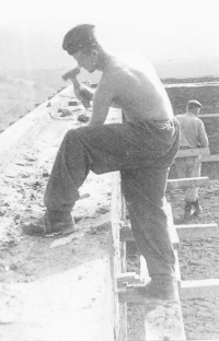 Pavel Janeček as a student worker on the construction of a school in Černovice (1950)