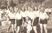 Sokol Meeting, Ludmila Kunová - laughing - in the middle, Strahov, 1948