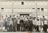 Seventh grade photograph, Jiří Baumruk, sixth from left in front row (with T-shirt poking out of unbuttoned jacket), 1963