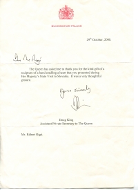 Fotografia ďakovného listu od kráľovnej z Buckinghamského paláca, 2008.
