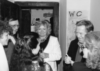 Celebrating witness' birthday, U vystřelenýho oka pub & bar, with Mr. President in front of the toilet, May 1997 
