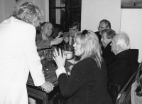 Celebrating witness' birthday, U vystřelenýho oka pub & bar, May 1997, on her right Dagmar Havlová, Anastáz Opasek, Václav Havel
