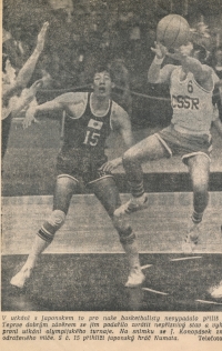 Jiří Konopásek with number 6 at the Olympic Games in Munich 1972 during a match with Japan. The photo by ČTK was published probably in the magazine Československý sport